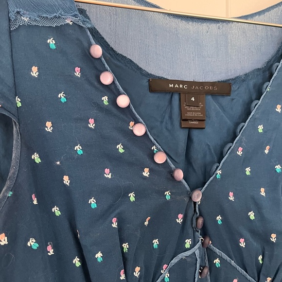 Marc Jacobs 100% Silk Blue Floral Mini Dress Sheer Trim Button Detail Size 4 - Picture 11 of 12